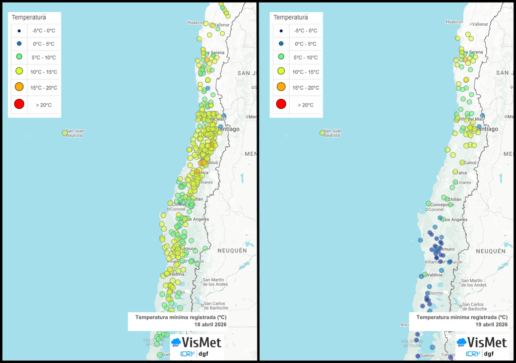 El aire fresco del sur se reflejó con intensidad en el descenso de las temperaturas mínimas en la mañana del domingo 19 de abril. En los próximos días, la influencia del aire frío seguirá presente. Datos: VisMet/(CR)2.