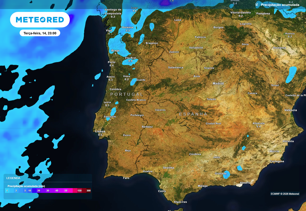 A chuva acumulada até às 23:00 de terça-feira, 14 de julho, será muito escassa, pouco intensa e terá uma distribuição muito irregular.