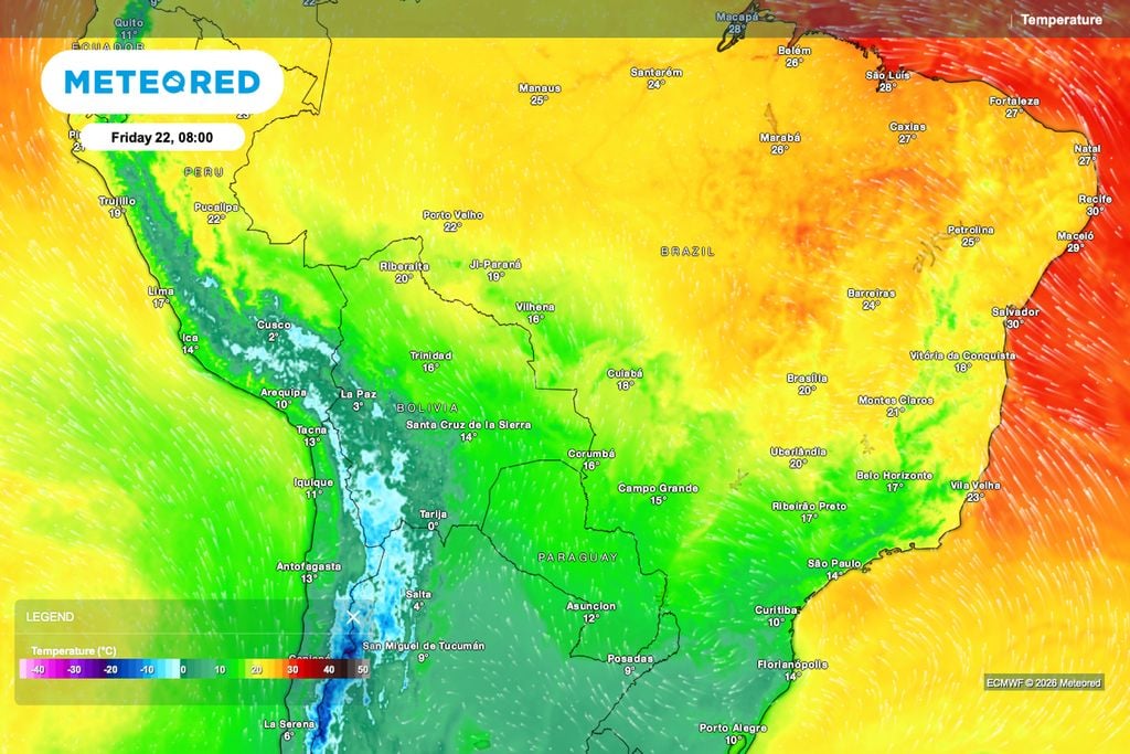 Norte, Rondônia, anomalia Temperatura prevista para sexta-feira (22) mostra o avanço do ar frio pelo oeste do Brasil, com queda mais evidente em Rondônia, Acre e sul do Amazonas durante a friagem.