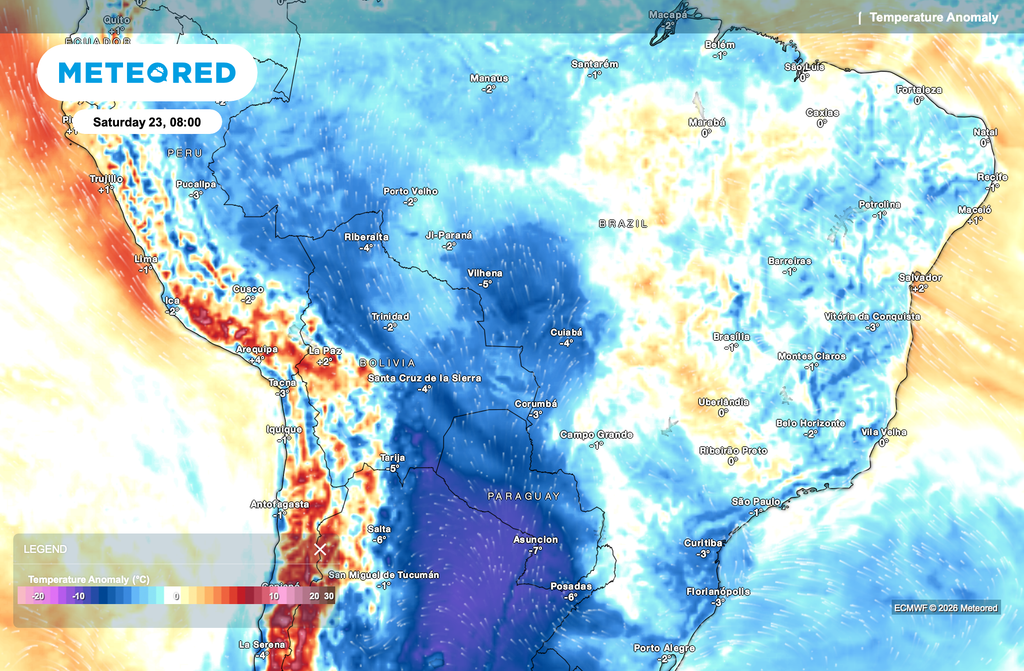frio, Amazonas, Pará, Norte Anomalia de temperatura para sábado (23) mostra a persistência do ar mais frio sobre o oeste do Brasil, mantendo temperaturas abaixo da média em Rondônia, Acre e parte do sul do Amazonas.