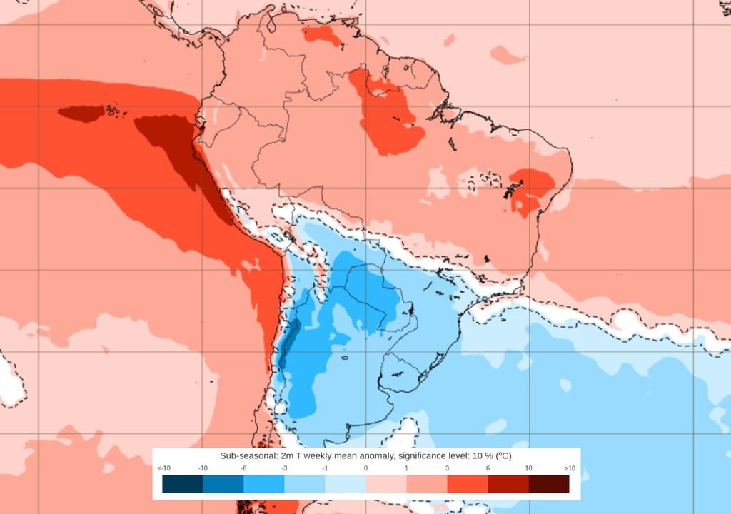 Previsão de anomalias de temperatura entre os dias 26/10 e 2/11. Previsão de anomalias de temperatura entre os dias 26/10 e 2/11 mostra que uma massa de ar frio vai manter as temperaturas abaixo da média sobre o Sul e parte do Sudeste e Centro-Oeste.