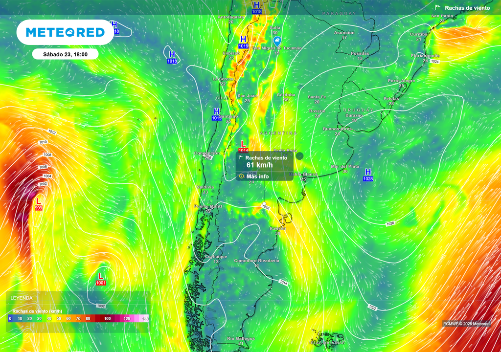Ráfagas de viento sábado 23 de mayo a las 18 h. Ráfagas de viento para el sábado 23 de mayo a las 18 h, según el modelo ECMWF.