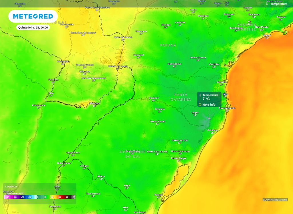 Temperatura mínima prevista para a manhã desta quinta-feira (18). Temperatura mínima prevista para a manhã desta quinta-feira (18).