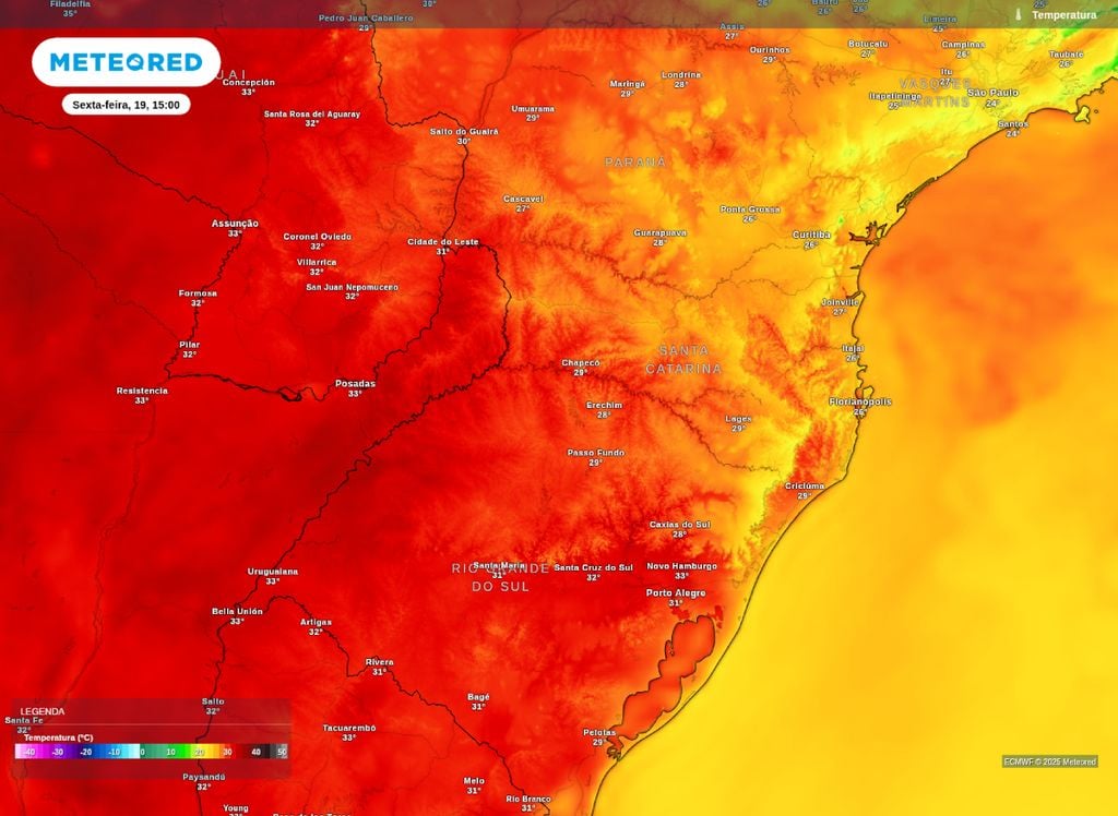 Máxima prevista para a tarde desta sexta-feira (19) sobre a Região Sul do Brasil. Máxima prevista para a tarde desta sexta-feira (19) sobre a Região Sul do Brasil.
