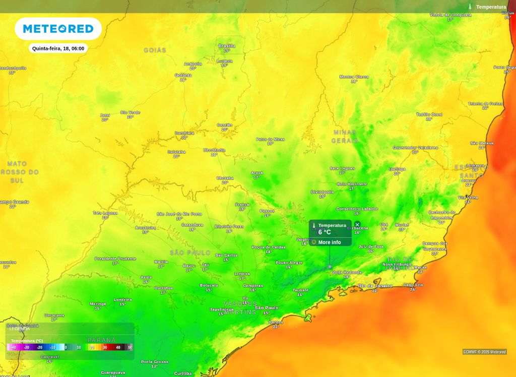 Temperatura mínima prevista para a manhã desta quinta-feira (18). Temperatura mínima prevista para a manhã desta quinta-feira (18).