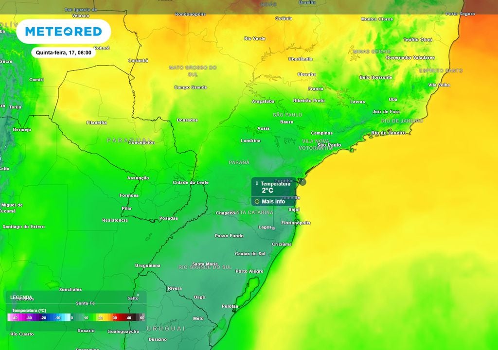 Previsão de temperaturas mínimas no centro-sul do Brasil nesta quinta-feira mostra que ainda haverá risco de geadas localizadas no Sul, e uma queda das temperaturas no Sudeste.