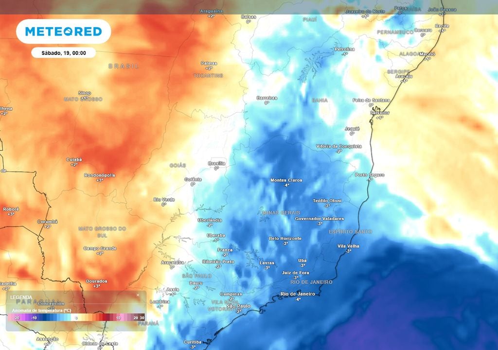 Previsão de anomalias de temperatura em 850 hPa mostra uma massa de ar frio atuando sobre grande parte do Sudeste e também sobre o Nordeste, fazendo as temperaturas caírem.