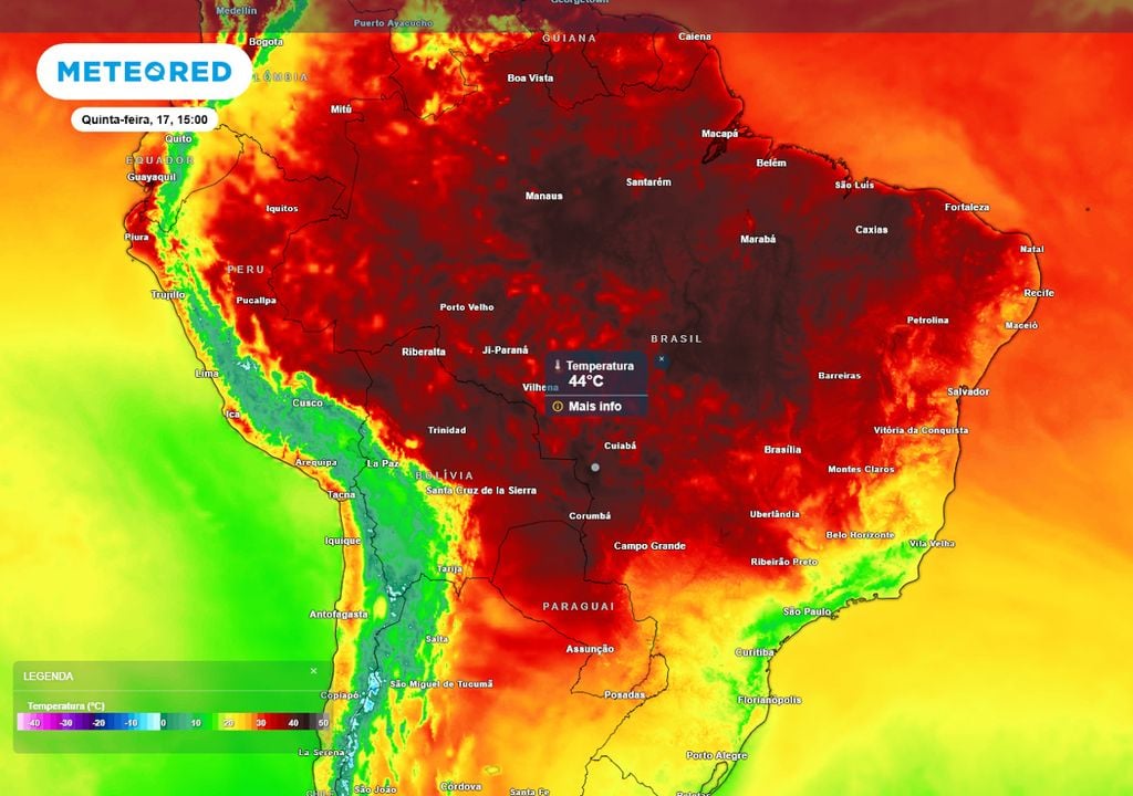 Previsão de temperaturas máximas nesta quinta-feira sinaliza que diversos estados do centro-norte do Brasil continuarão registrando temperaturas altíssimas, valores acima dos 40°C.