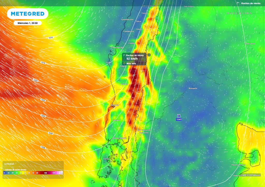 El mapa proyecta rachas intensas de viento sobre la zona sur, con máximos cercanos a 90 km/h en sectores cordilleranos.