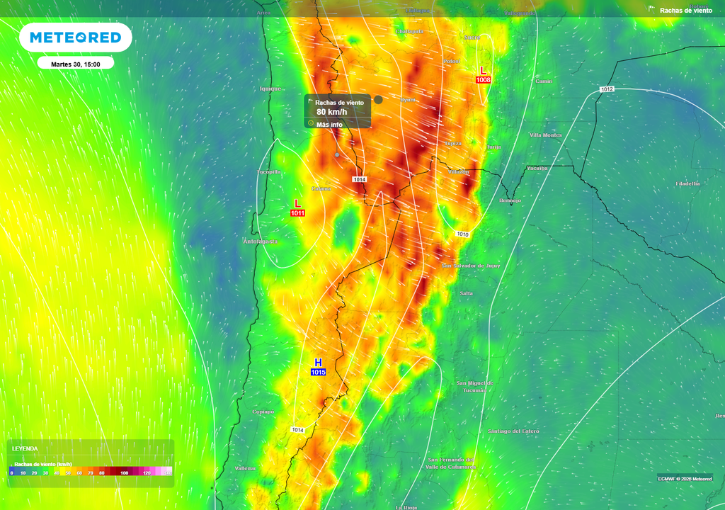 El mapa proyecta rachas de viento cercanas a 80 km/h en sectores cordilleranos del norte, con condiciones favorables para levantar polvo y posibles tormentas de arena.
