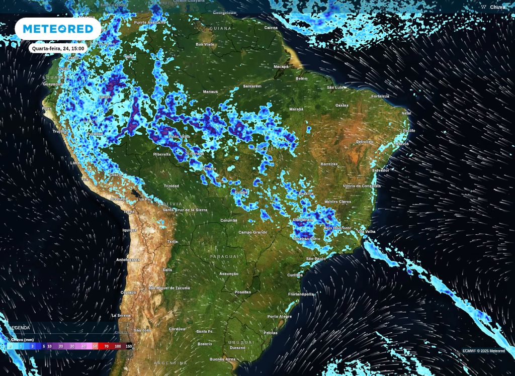 Mapa de precipitação para a tarde de quarta-feira (24).