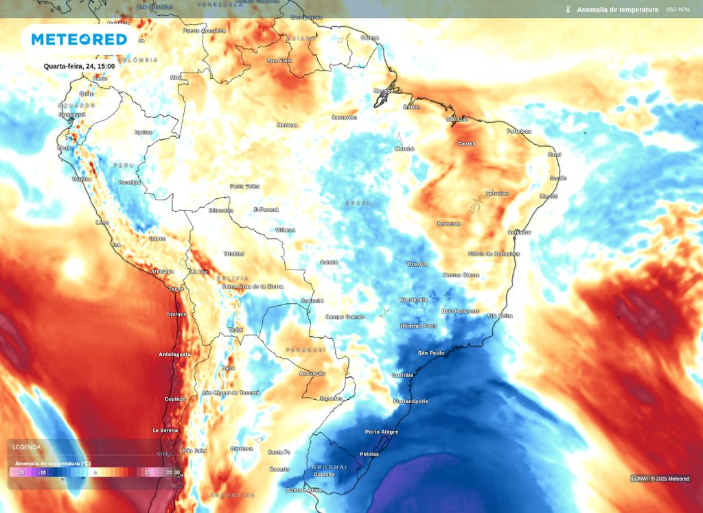 Anomalia de temperatura em 850 hPa para a tarde de quarta-feira (24).