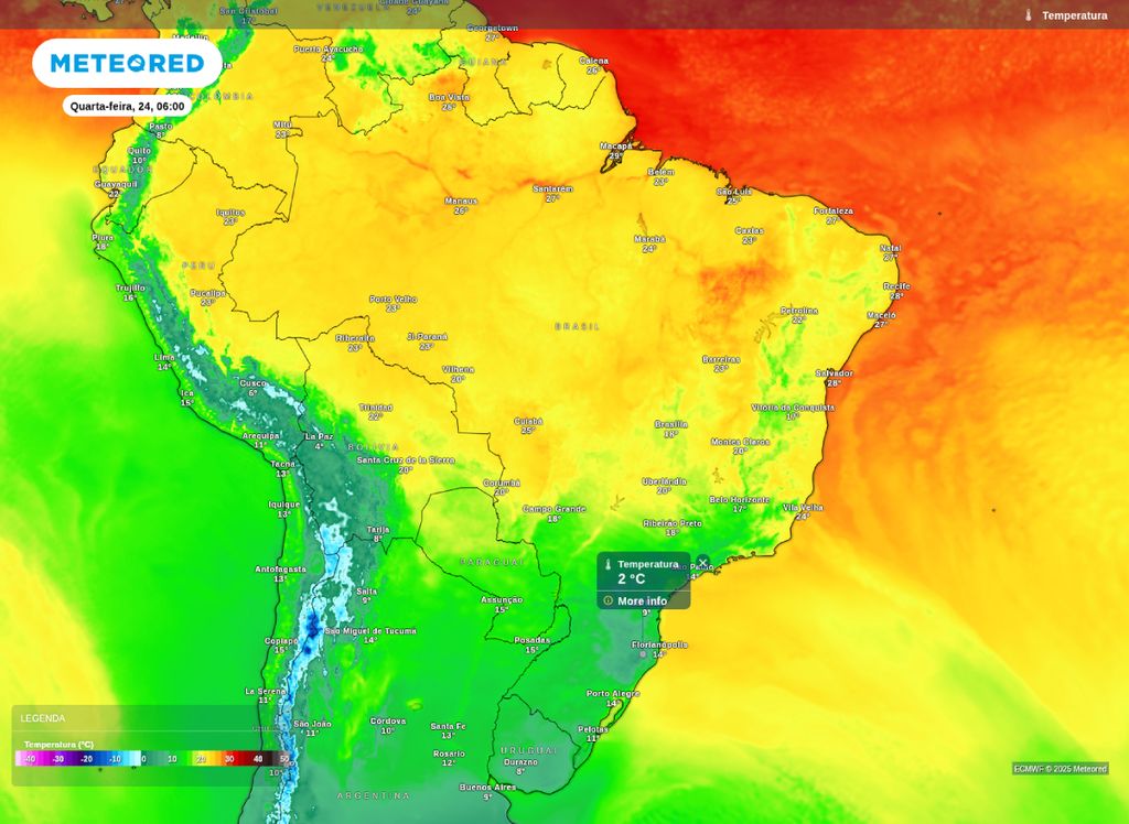 Mapa de temperatura para a manhã desta quarta-feira (24).