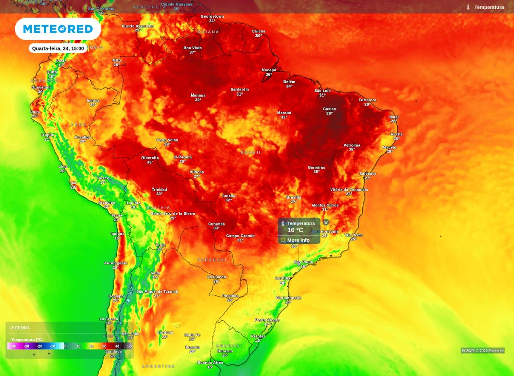 Mapa de temperatura para a tarde desta quarta-feira (24).