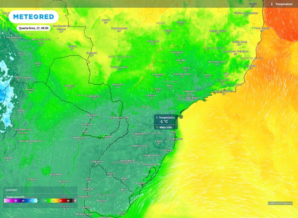 Mínima Prevista para esta quarta-feira (17). Mapa de temperatura mínima prevista para esta quarta-feira (18), segundo o modelo ECMWF.