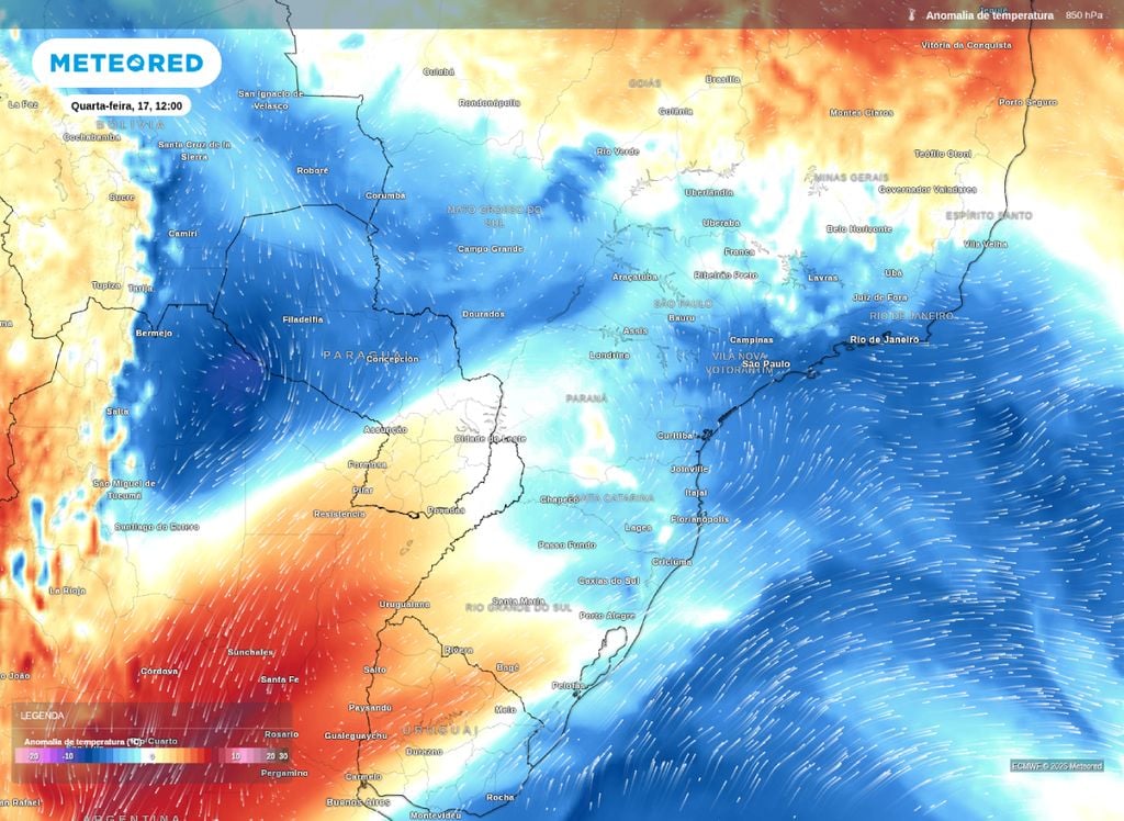 Anomalia. Anomalia de temperatura em 850 hPa para o meio dia desta quarta-feira (17) mostra a atuação da massa de ar polar sobre o centro-sul do Brasil.