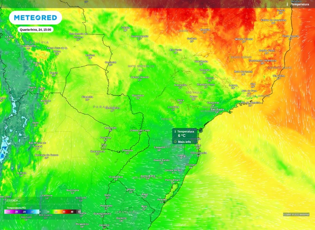 Temperatura prevista para a tarde de hoje (24). Mapa mostra temperaturas baixas na tarde desta quarta-feira (24).