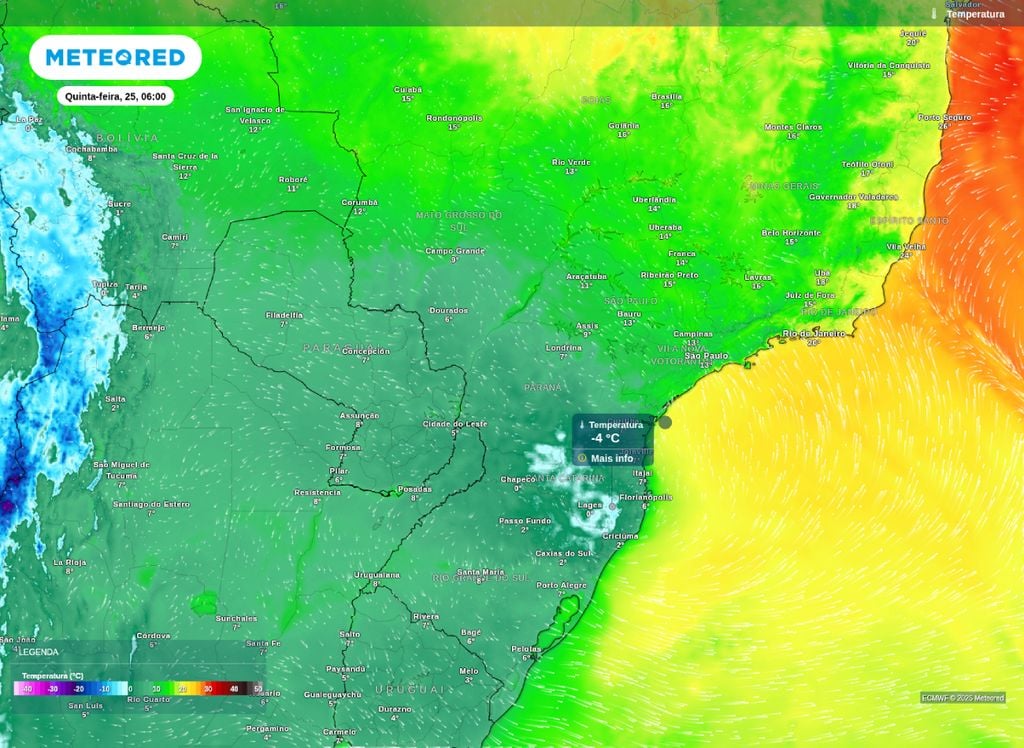 Temperatura mínima prevista para a manhã de quinta-feira (25). A previsão indica temperaturas abaixo de 0°C na Serra Gaúcha, Catarinense e outras áreas do Sul do Brasil.