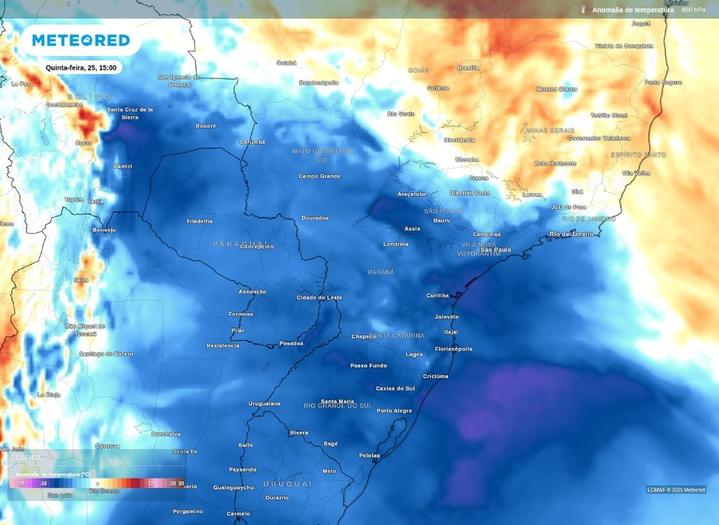 Anomalia de temperatura em 850 hPa. Mapa mostra ar frio sobre o Centro-Sul do Brasil nesta quinta-feira (25).