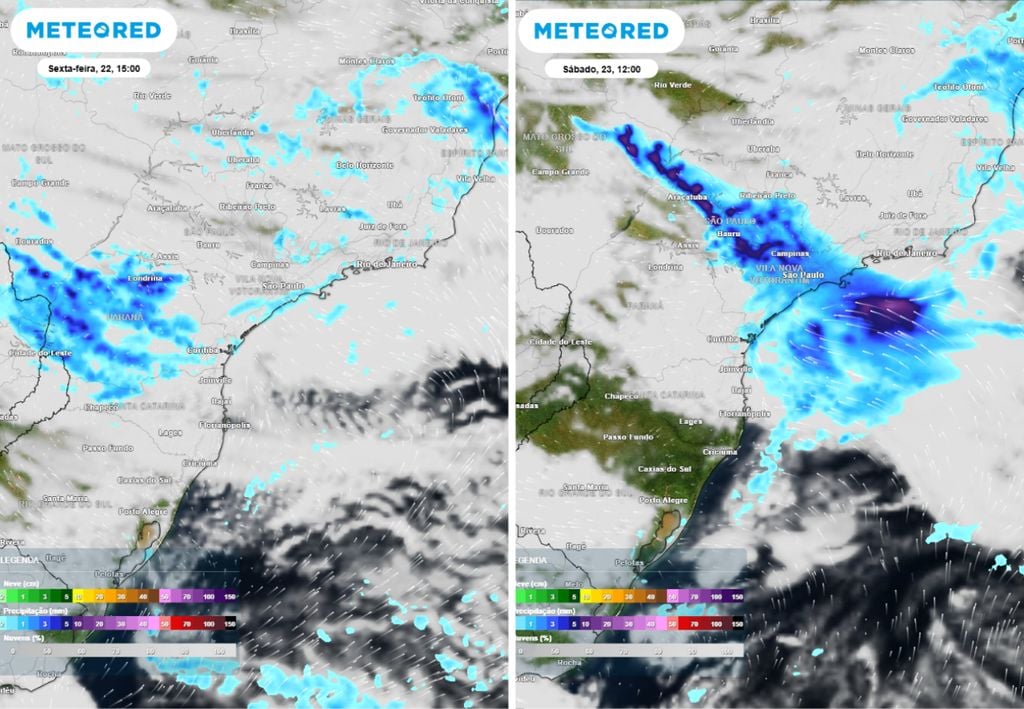 Previsão de precipitação (em mm) e nebulosidade para sexta-feira (22) às 15h e sábado (23) às 12h à esquerda, segundo o modelo europeu ECMWF.