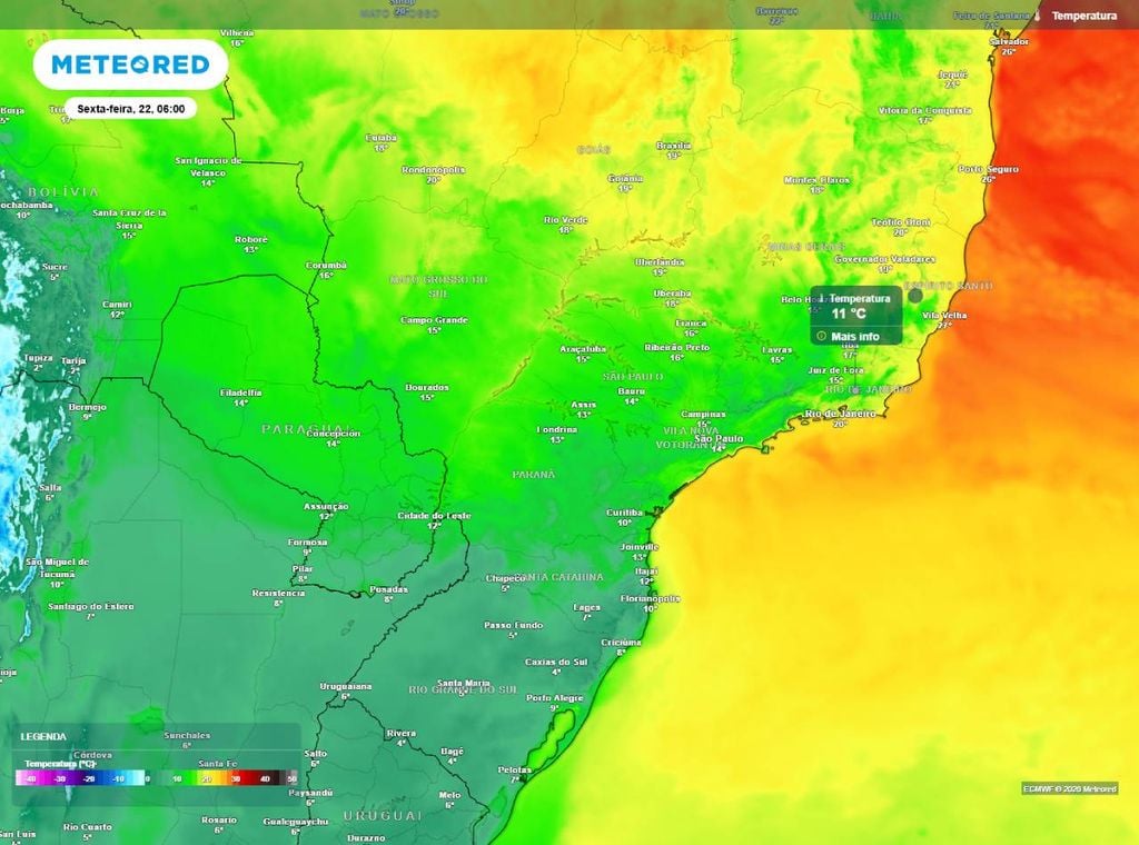 Previsão da temperatura mínima do ar (em °C) para sexta-feira (22), segundo o modelo europeu ECMWF.