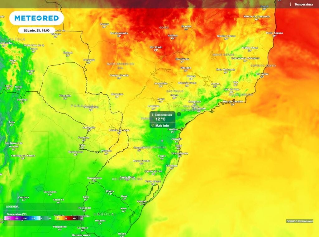 Previsão da temperatura máxima do ar (em °C) para sábado (23), segundo o modelo europeu ECMWF.