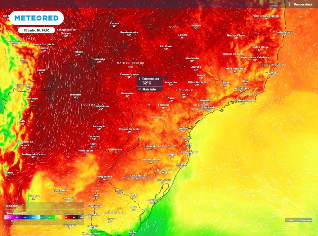 Previsão de temperatura máxima do ar (°C) para o sábado (26), segundo o modelo europeu ECMWF.
