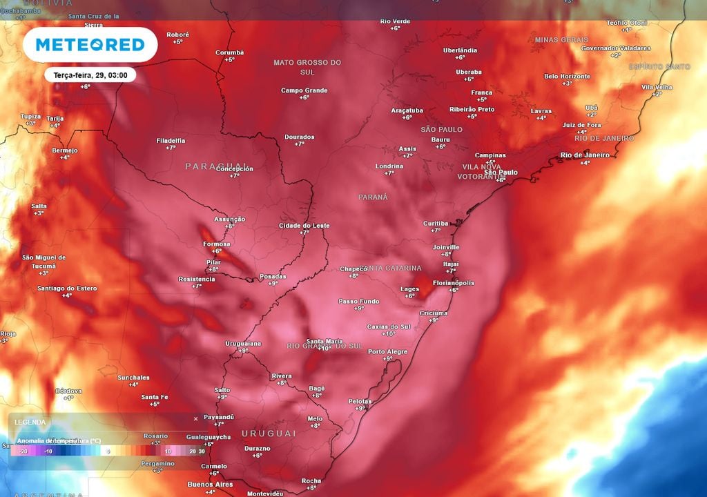 Previsão de anomalias de temperatura em 850 hPa no início da próxima terça-feira. Previsão de anomalias de temperatura em 850 hPa no início da próxima terça-feira mostra a atuação de uma massa de ar quente intensa sobre a região Sul, fazendo as temperaturas subirem.