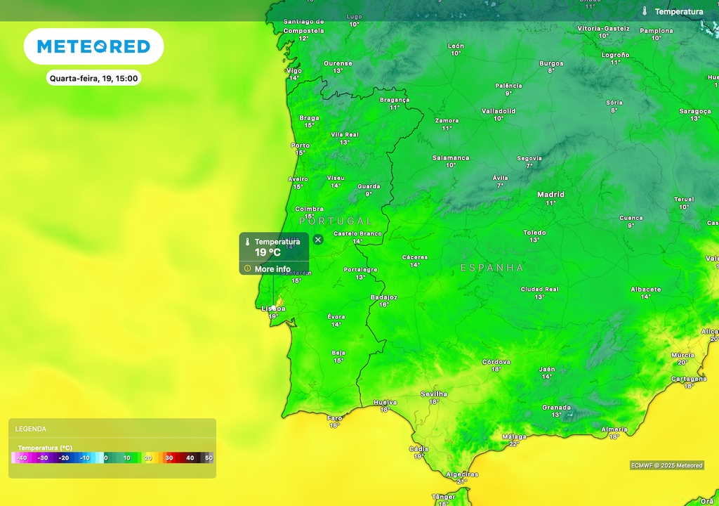 Temperaturas entre 10 e 15 ºC na generalidade do território e em torno de 19 ºC em Lisboa. Temperaturas entre 10 e 15 ºC na generalidade do território e em torno de 19 ºC em Lisboa.