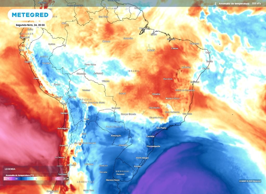 Anomalia de temperatura mostra o ar frio atuando sobre parte do Centro-sul do Brasil.