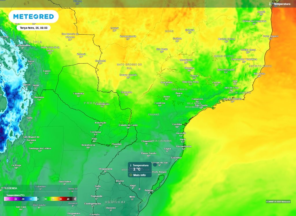 Mínima prevista para o amanhecer desta terça-feira (25), de acordo com o modelo ECMWF.