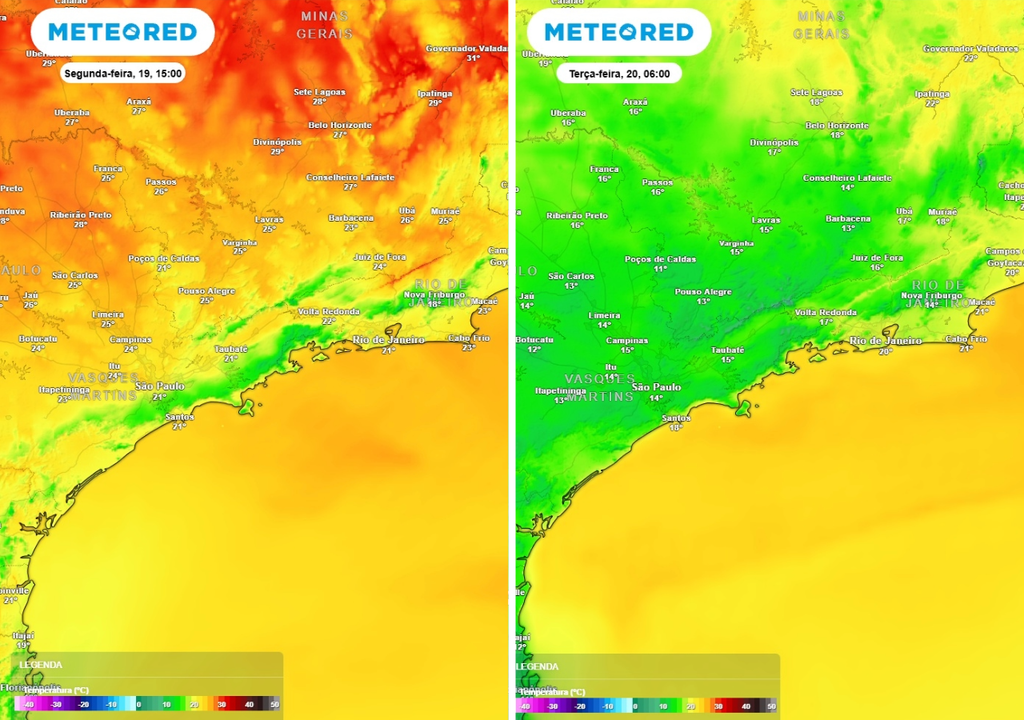 Previsão da temperatura máxima (°C) para segunda-feira (19) à esquerda e temperatura mínima (°C) para terça-feira (20) à direita, segundo o modelo europeu ECMWF.