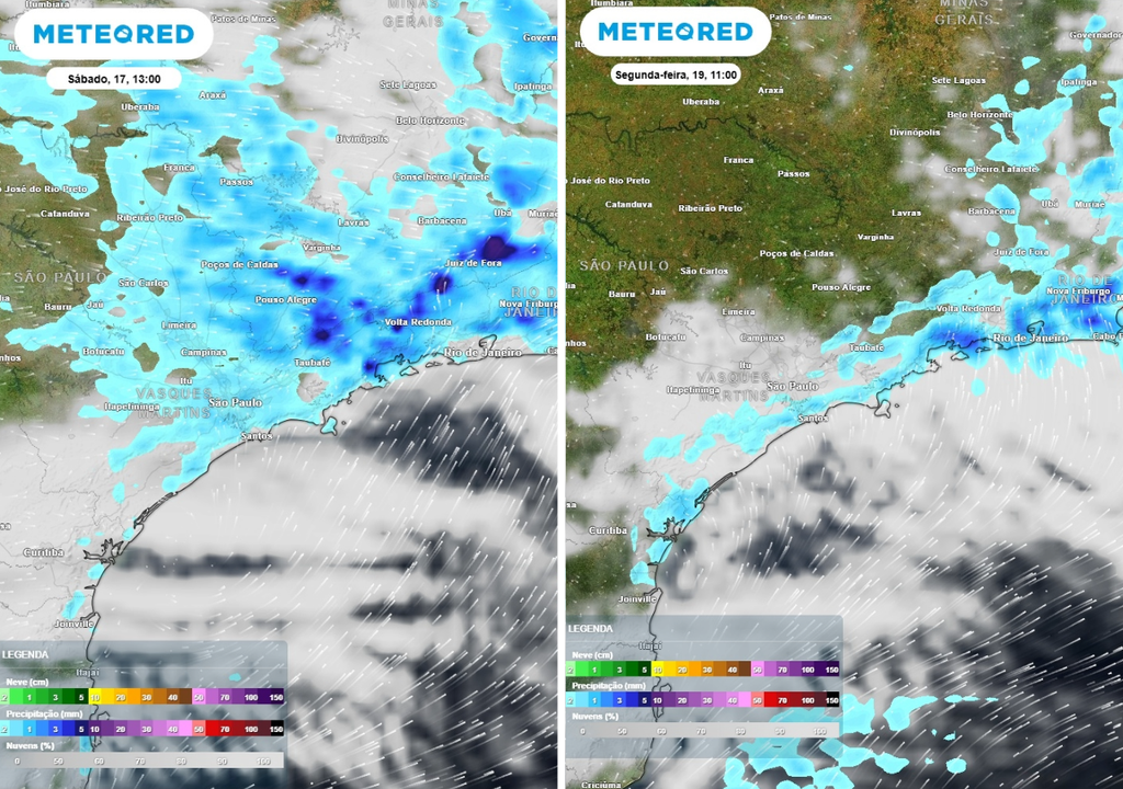 Previsão de chuva (mm) para sábado (17) às 13h à esquerda e segunda-feira (19) às 11h à direita, segundo o modelo europeu ECMWF.