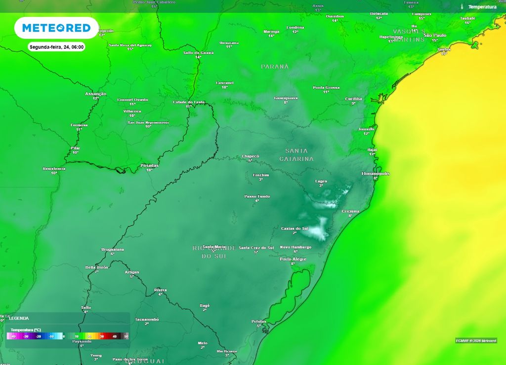 ar polar Temperaturas mínimas na segunda-feira, 24 de agosto.