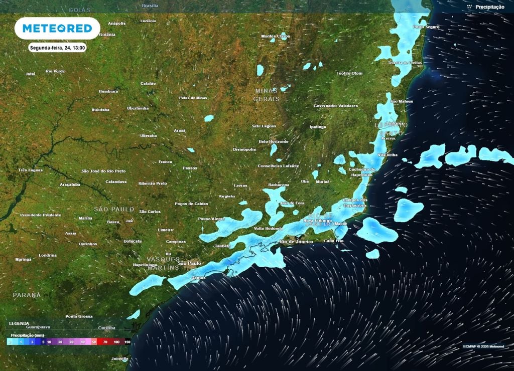 chuvas SP e RJ Previsão de chuva para a segunda-feira, 24 de agosto.
