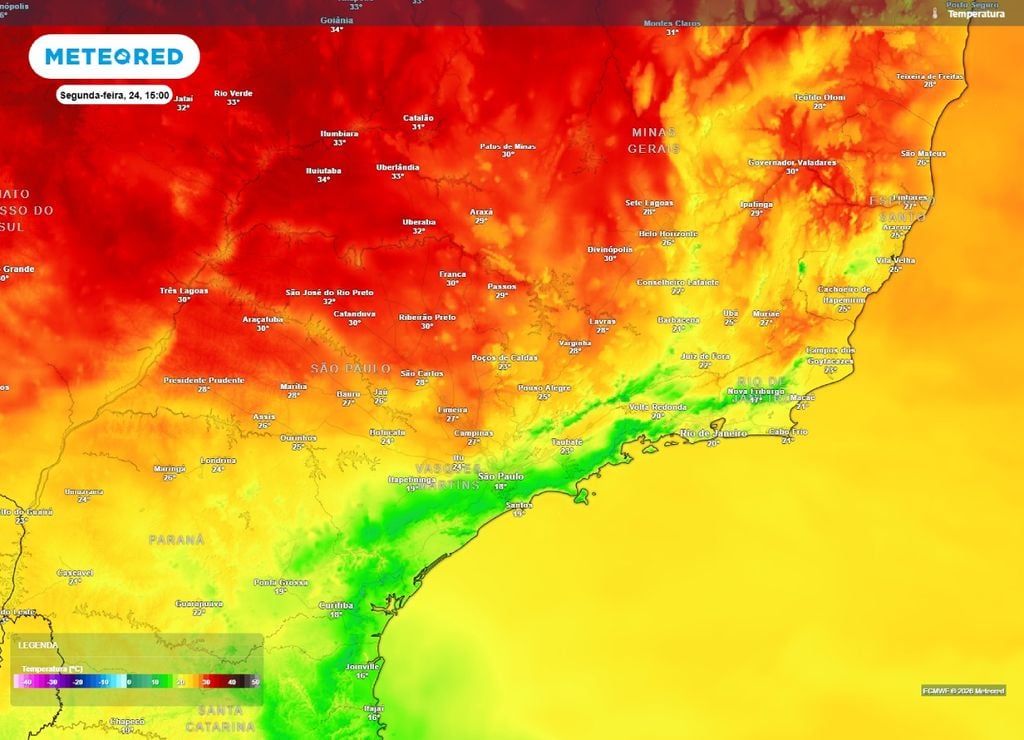 frio inverno Temperaturas máximas para a segunda-feira, 24 de agosto.