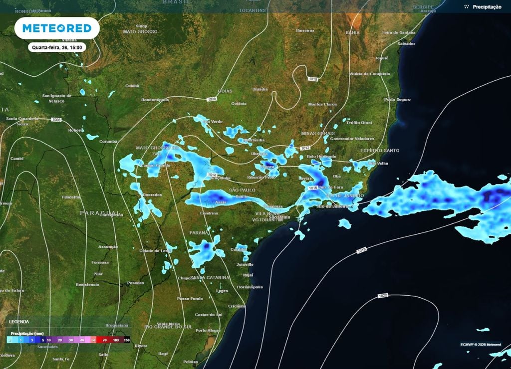 chuvas no Sudeste Previsão de chuva e pressão para a tarde da quarta-feira, 26 de agosto.