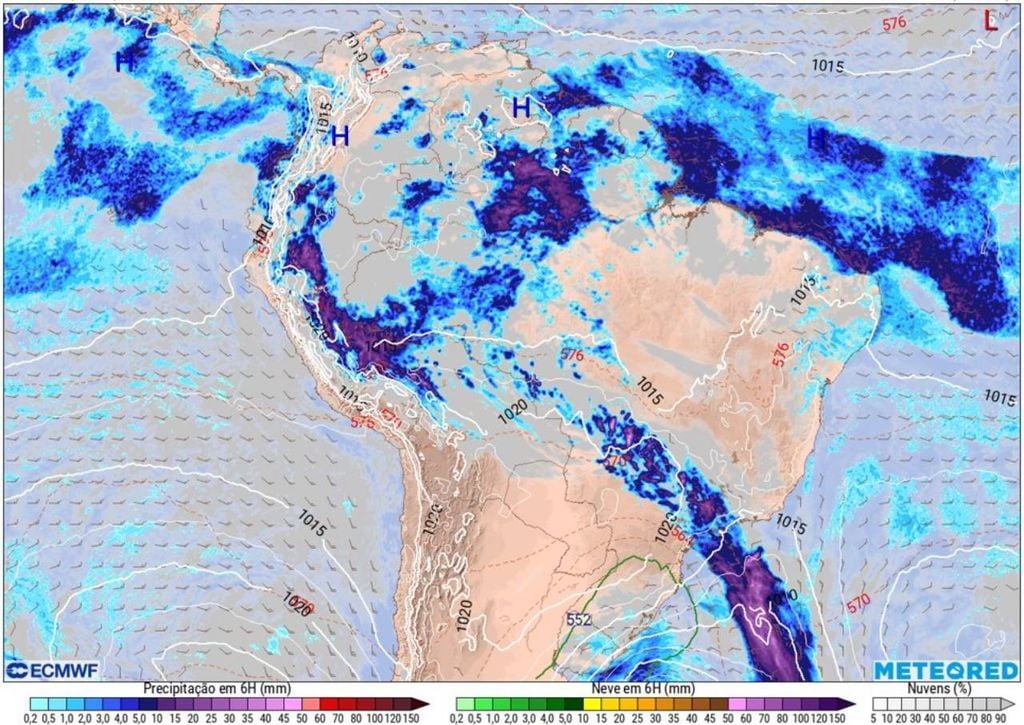 Tendência da precipitação (em mm), nebulosidade e linhas de pressão para o domingo (10) de manhã (9h), de acordo com o modelo europeu ECMWF, mostrando a frente fria provocando chuvas moderadas a fortes sobre o Sudeste do Brasil.