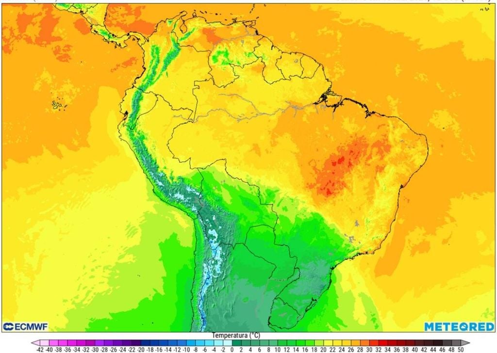 Tendência da temperatura do ar (em °C) para o domingo (10) de manhã (9h), de acordo com o modelo europeu ECMWF.
