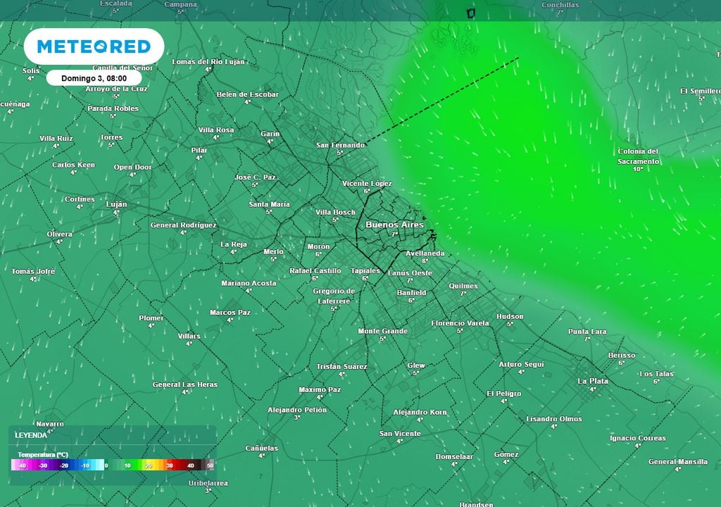 Temperaturas previstas para mañana domingo 3 de mayo a las 8 AM en el AMBA. Los valores mínimos pueden ser aún más bajos que los que se indican en el mapa.