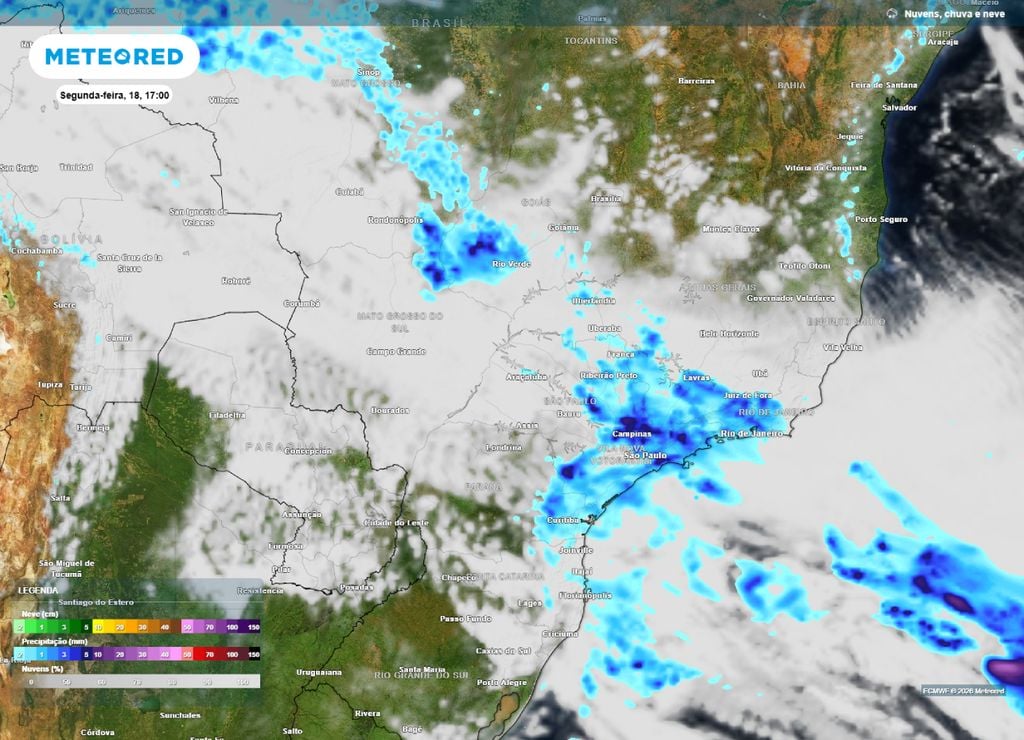 Previsão de chuvas e nebulosidade para o fim da tarde da segunda-feira, 18 de maio.