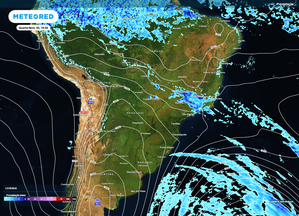 Previsão de chuvas e pressão para a tarde da quarta-feira, 20 de maio.