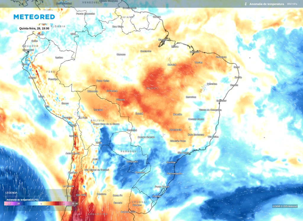 Anomalia de temperatura em 850 hPa para a tarde desta quinta-feira (28).