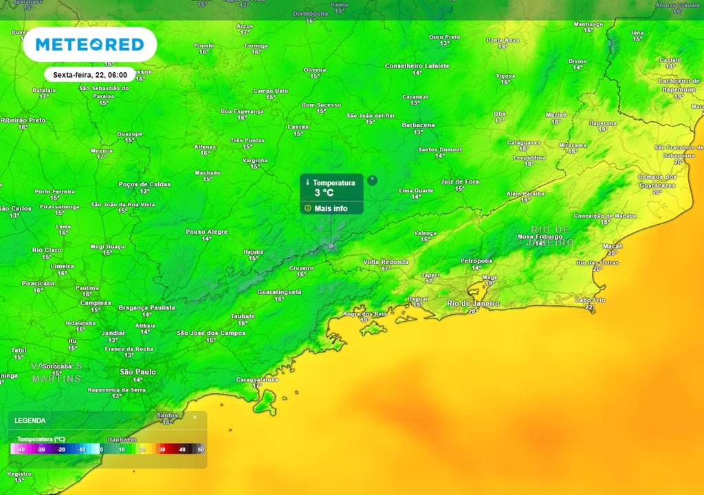 Previsão de temperaturas mínimas na sexta-feira durante o início da manhã mostra que as temperaturas podem chegar a 3°C na Serra da Mantiqueira, ocasionando geadas pontuais.