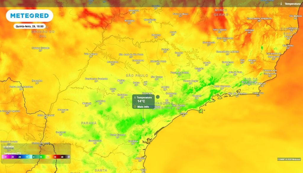Previsão da temperatura máxima do ar (°C) para quinta-feira (29), segundo o modelo europeu ECMWF.