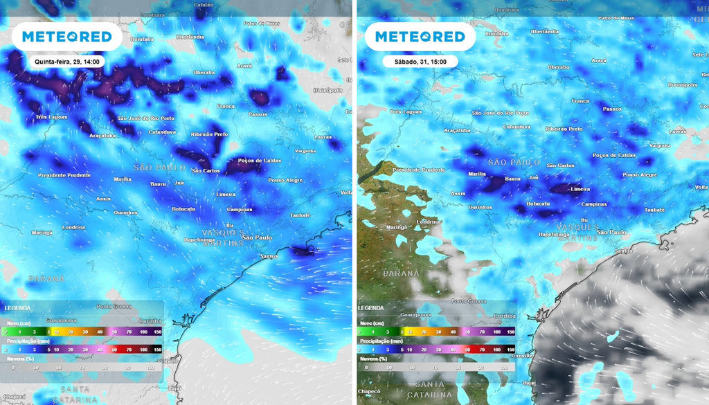 Previsão de chuva (mm) para quinta-feira (29) às 14h à esquerda e sábado (31) às 15h à direita, segundo o modelo europeu ECMWF.