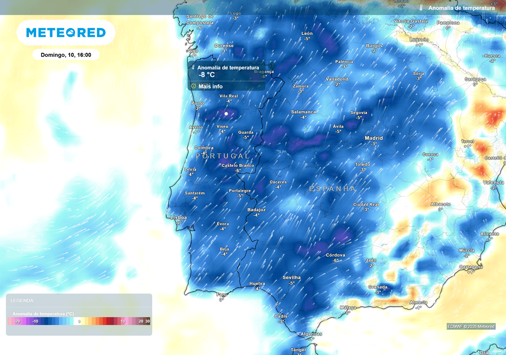 Ao que tudo indica, os próximos dias, até, pelo menos, quarta-feira, dia 13, todo o continente deverá registar temperaturas abaixo da média. Em alguns locais, estes valores podem ser de até 8 ºC abaixo da nomal climatológica.