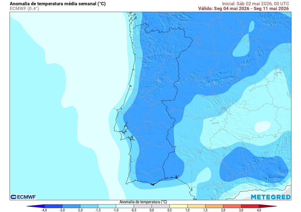 Os mapas de anomalia térmica semanais mostram anomalias negativas tanto na presente semana como na próxima. No entanto, estas são mais evidentes nesta semana, contando que a partir de quinta-feira, dia 14, as temperaturas possam entrar em recuperação, de acordo com os mapas de temperatura à superfície.
