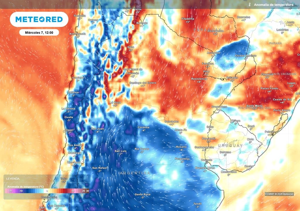 Pronóstico, Clima, Tiempo, Argentina Anomalía de temperatura prevista para el próximo miércoles según el modelo ECMWF