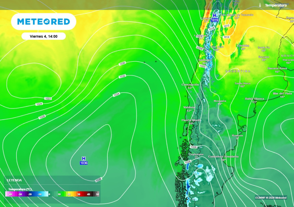 Mapa de temperatura con isobaras Este fin de semana dominarán las altas presiones sobre el área metropolitana.